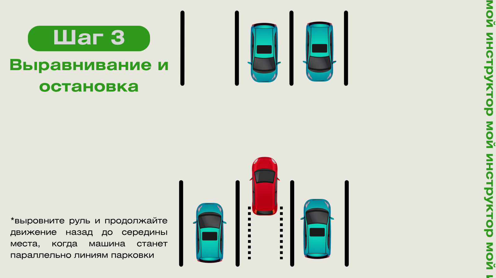 Перпендикулярная парковка: шаг 3 — как правильно завершить маневр Перпендикулярная парковка: шаг 3 — выравнивание и остановка автомобиля
